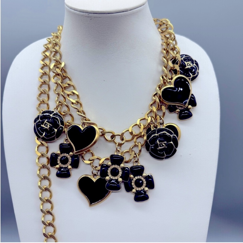 Vintage St. John Gold And Black Enamel Statement Belt/Necklace With Charms